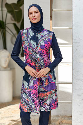 Rozamay - Full Coverage Modest Swimsuit With Patterned Vest 3306 Dark Navy Rozamay - Full Coverage Modest Swimsuit With Patterned Vest 3306 Dark Navy