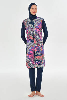 Rozamay - Full Coverage Modest Swimsuit With Patterned Vest 3306 Dark Navy (1) Rozamay - Full Coverage Modest Swimsuit With Patterned Vest 3306 Dark Navy (1)
