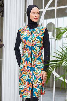 Maresiva - Full Coverage Modest Swimsuit With Tropical Print – Black 2304 Maresiva - Full Coverage Modest Swimsuit With Tropical Print – Black 2304