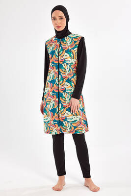 Maresiva - Full Coverage Modest Swimsuit With Tropical Print – Black 2304 (1) Maresiva - Full Coverage Modest Swimsuit With Tropical Print – Black 2304 (1)