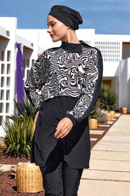 Adasea - Full Coverage Modest Swimsuit With Zebra Wave Print 1224 Black Adasea - Full Coverage Modest Swimsuit With Zebra Wave Print 1224 Black