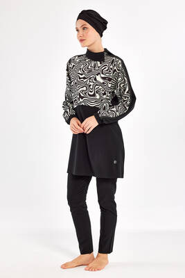 Adasea - Full Coverage Modest Swimsuit With Zebra Wave Print 1224 Black (1) Adasea - Full Coverage Modest Swimsuit With Zebra Wave Print 1224 Black (1)