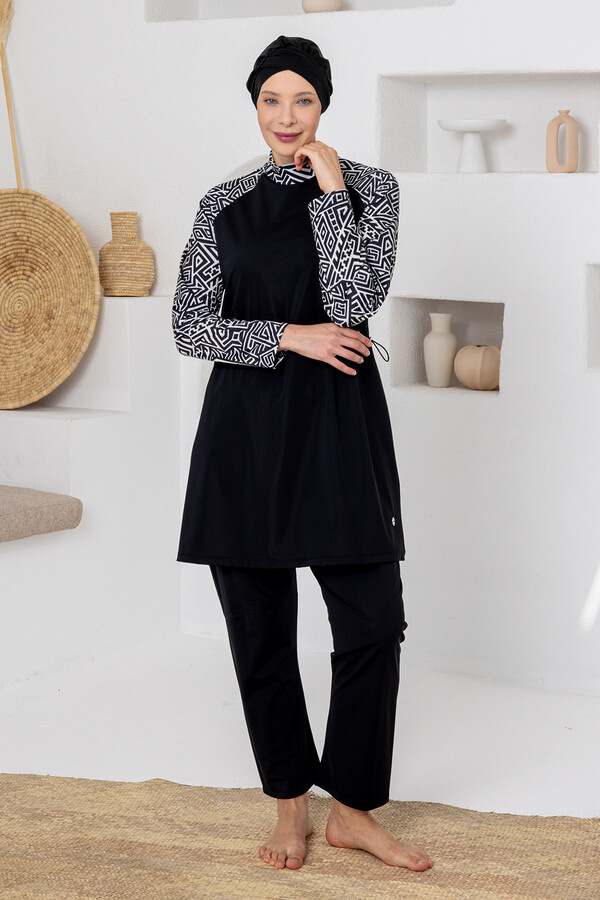 Full Coverage Plus Size Lycra Modest Swimsuit Set in Black 1801 - Thumbnail