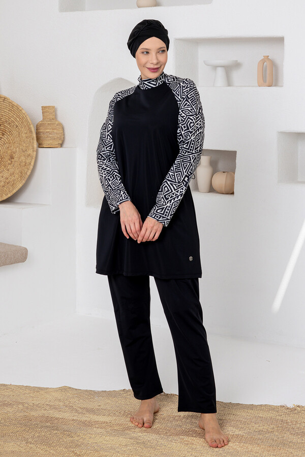 Full Coverage Plus Size Lycra Modest Swimsuit Set in Black 1801 - Thumbnail