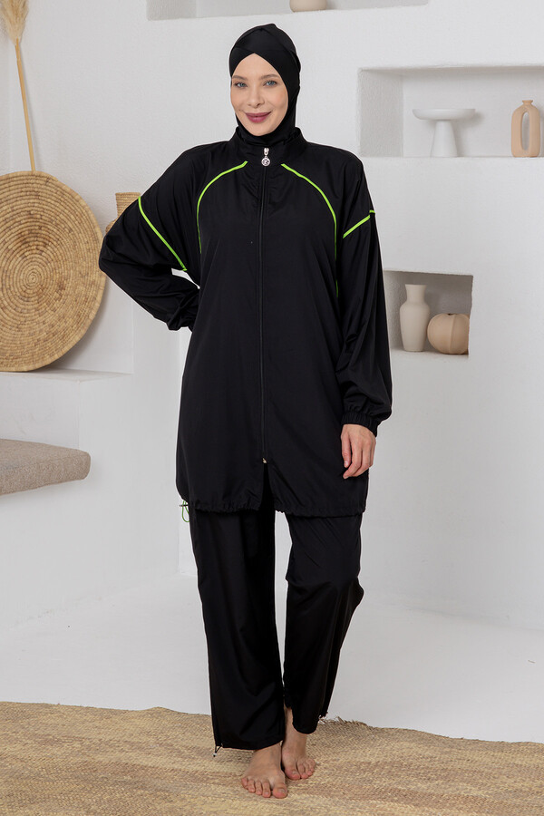 Full Coverage Plus Size Sports Lycra Modest Swimsuit Set 1805 Black05 - Thumbnail