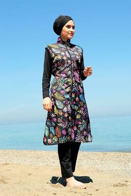 Remsa - Full Covered Hijab Swimsuit Swimsuit Colorful Flowers TD21-249 Black Remsa - Full Covered Hijab Swimsuit Swimsuit Colorful Flowers TD21-249 Black