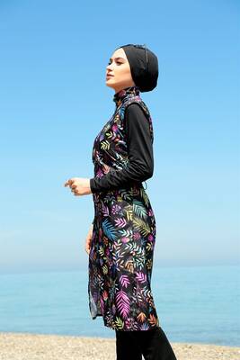 Remsa - Full Covered Hijab Swimsuit Swimsuit Colorful Flowers TD21-249 Black (1) Remsa - Full Covered Hijab Swimsuit Swimsuit Colorful Flowers TD21-249 Black (1)