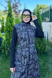 Remsa Mayo - Leaf Pattern Fully Covered Hijab Swimsuit White & Black Leaf Merve