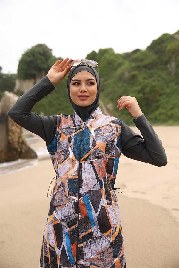 Adasea Fully Covered Hijab Swimsuit 1252 Anthracite Color - Thumbnail