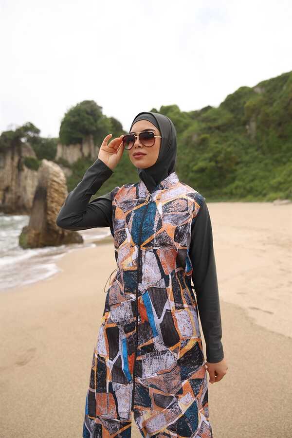 Adasea Fully Covered Hijab Swimsuit 1252 Anthracite Color - Thumbnail