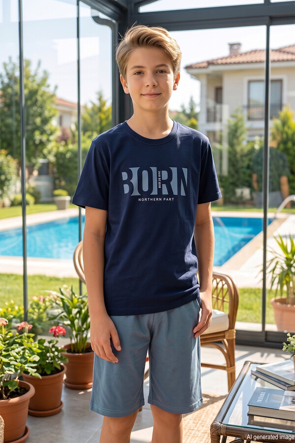 Genç Erkek Çocuk Kısa Kol Şortlu Pijama Takımı 4353 Lacivert - Thumbnail