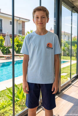 Remsa - Genç Erkek Çocuk Kısa Kol Şortlu Pijama Takımı 4357 Açık Mavi (1)