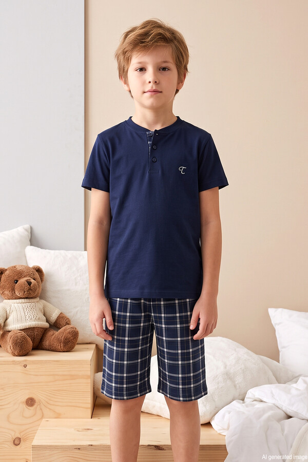 Genç Erkek Çocuk Kısa Kol Şortlu Pijama Takımı 4369 Lacivert01 - Thumbnail