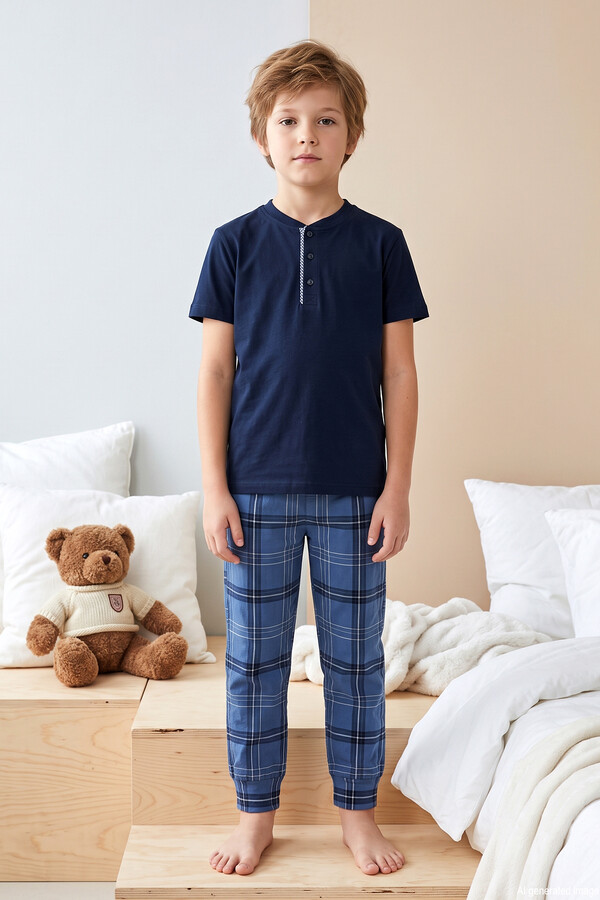 Genç Erkek Çocuk Kısa Kol Şortlu Pijama Takımı 4374 Lacivert02 - Thumbnail