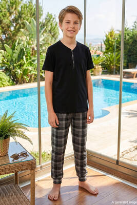 Remsa - Genç Erkek Çocuk Kısa Kol Şortlu Pijama Takımı 4377 Siyah