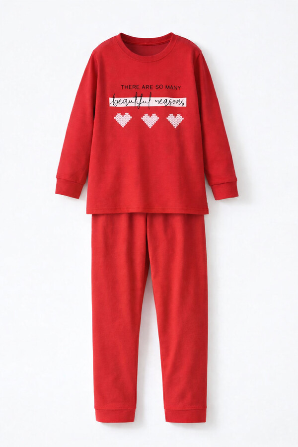 Genç Kız Çocuk Pamuklu Desenli Pijama Takımı 8412 Kırmızı01 - Thumbnail