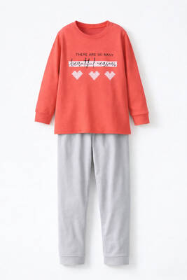 Remsa - Genç Kız Çocuk Pamuklu Desenli Pijama Takımı 8412 Mercan02