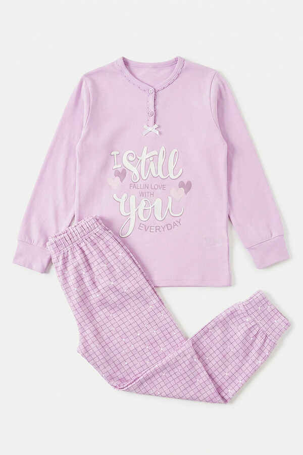 Genç Kız Pamuk Penye Pijama Takımı 6509 Lila - Thumbnail