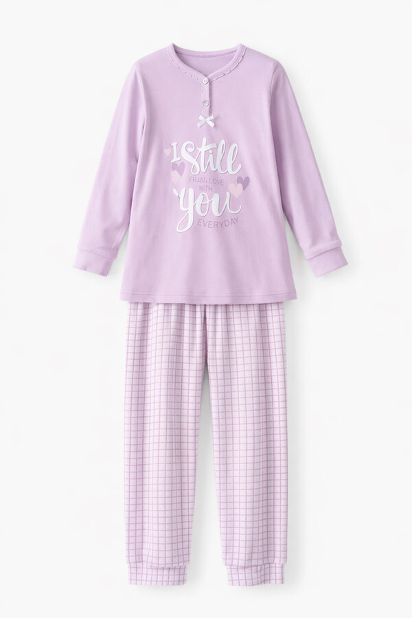 Genç Kız Pamuk Penye Pijama Takımı 6509 Lila - Thumbnail
