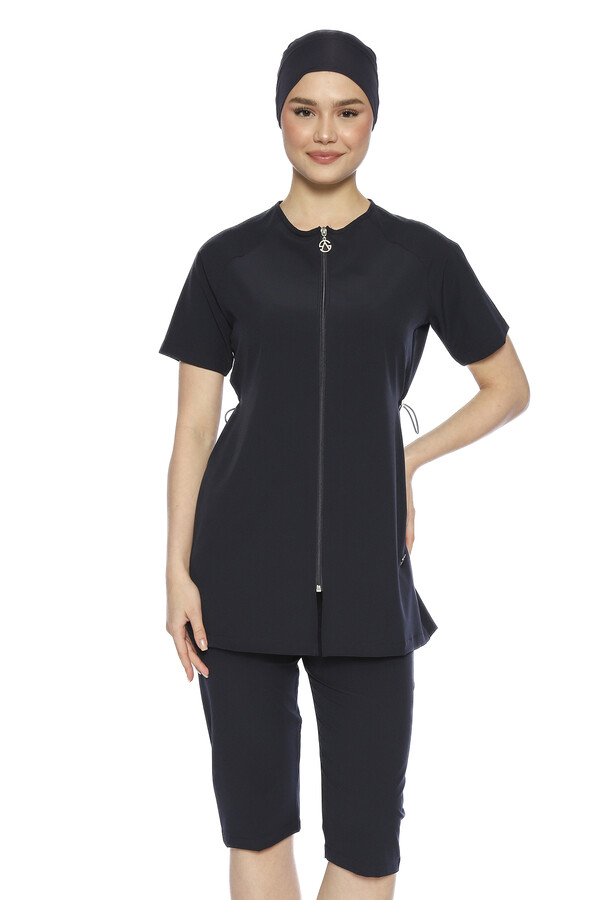 Haliç Mayo - Genç Kız Spor Likra Kısa Kollu Yarı Kapalı Tesettür Mayo 6369 Koyu Lacivert (1)