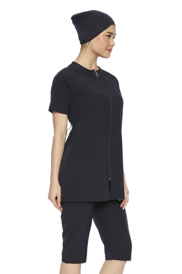 Genç Kız Spor Likra Kısa Kollu Yarı Kapalı Tesettür Mayo 6369 Koyu Lacivert - Thumbnail