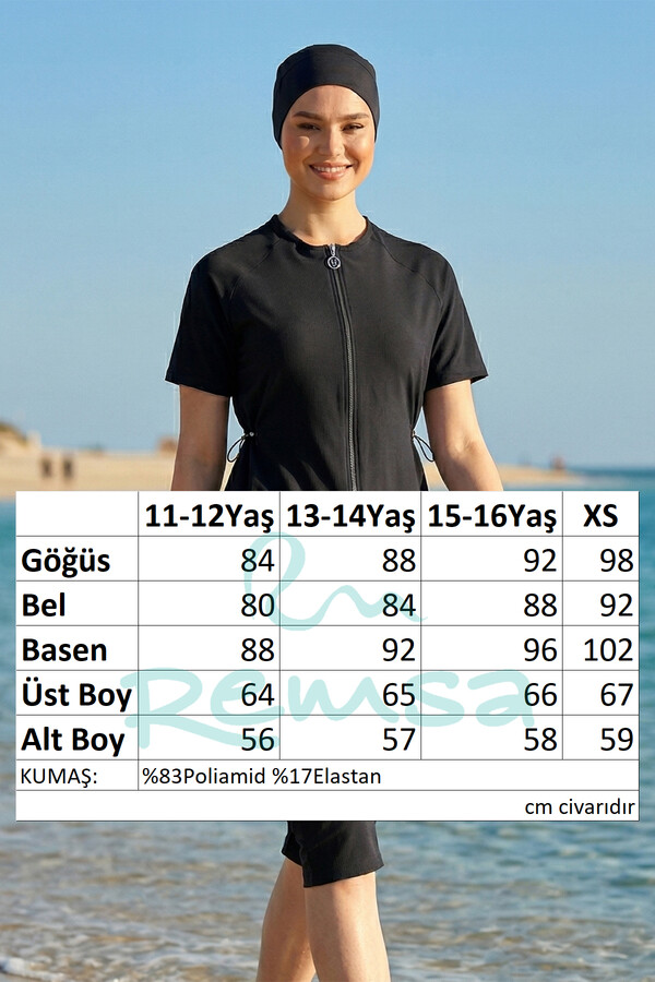 Genç Kız Spor Likra Kısa Kollu Yarı Kapalı Tesettür Mayo 6369 Siyah01 - Thumbnail