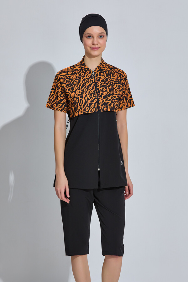 Genç Kız Spor Likra Kısa Kollu Yarı Kapalı Tesettür Mayo 6643 Siyah - Thumbnail