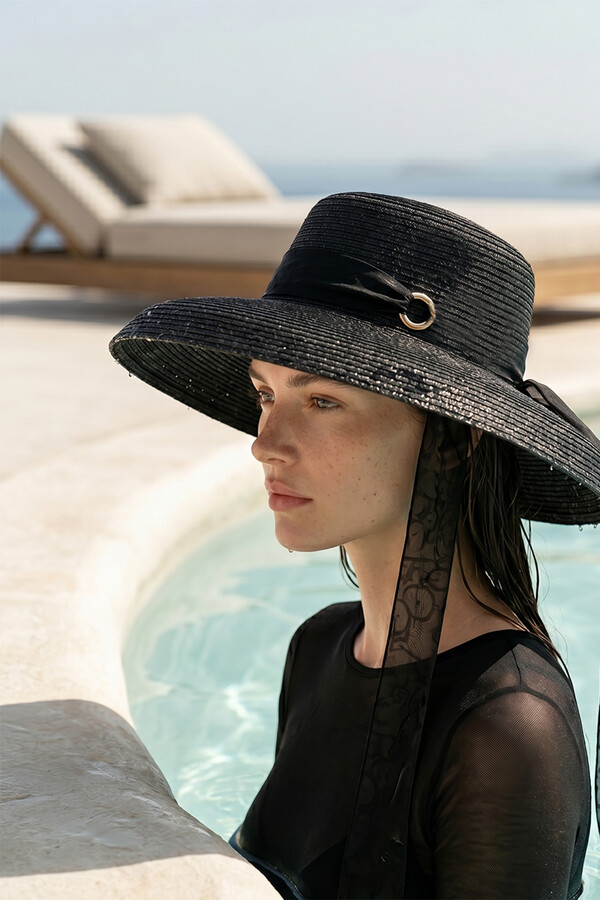 Geniş Kenarlı Kurdele Bağlama Detay Bombeli Hasır Şapka 2126 Siyah - Thumbnail