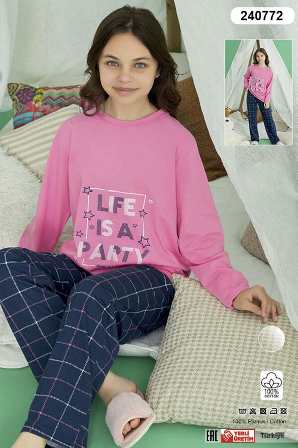 Girls' Cotton Pajama Set Pink - Thumbnail