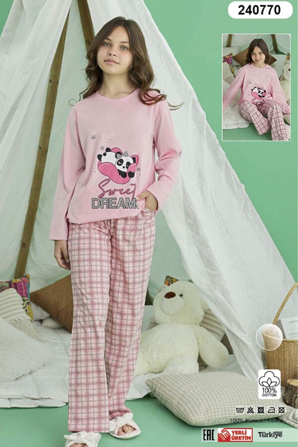 Girls' Cotton Pajama Set in Powder Pink - Thumbnail