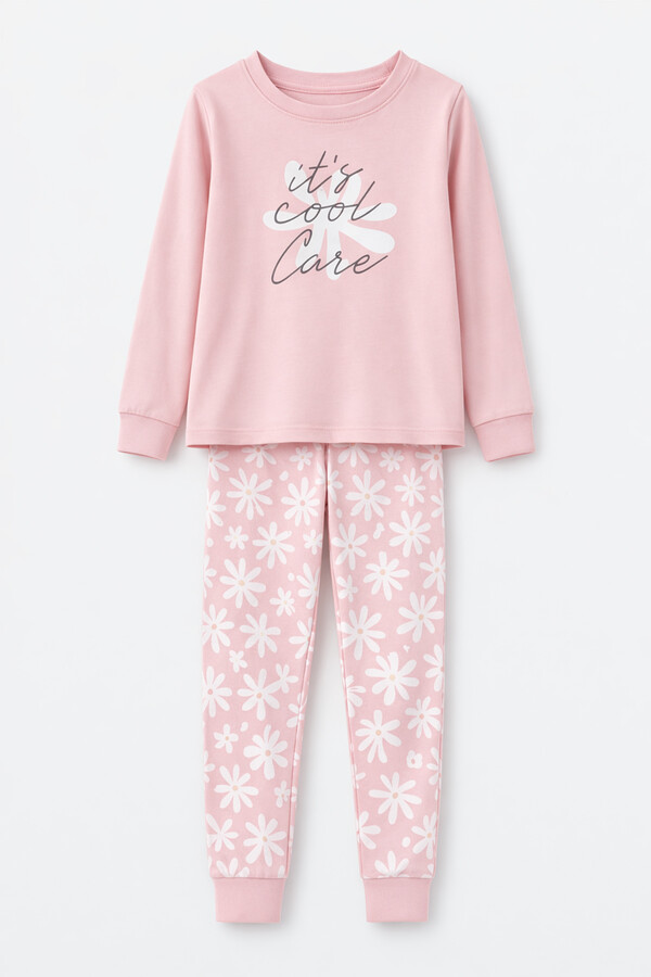 Girls' Cotton Satin Pajama Set in Powder Pink 6613 - Thumbnail