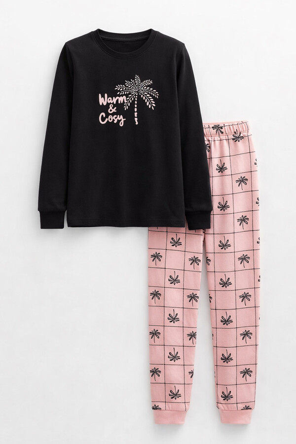 Girls' Cotton Satin Pajama Set in Navy and Pink Print - Thumbnail