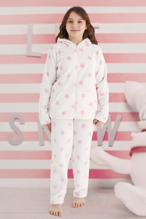 Girl's Patterned Polar Pajama Set Ekru01 - Thumbnail