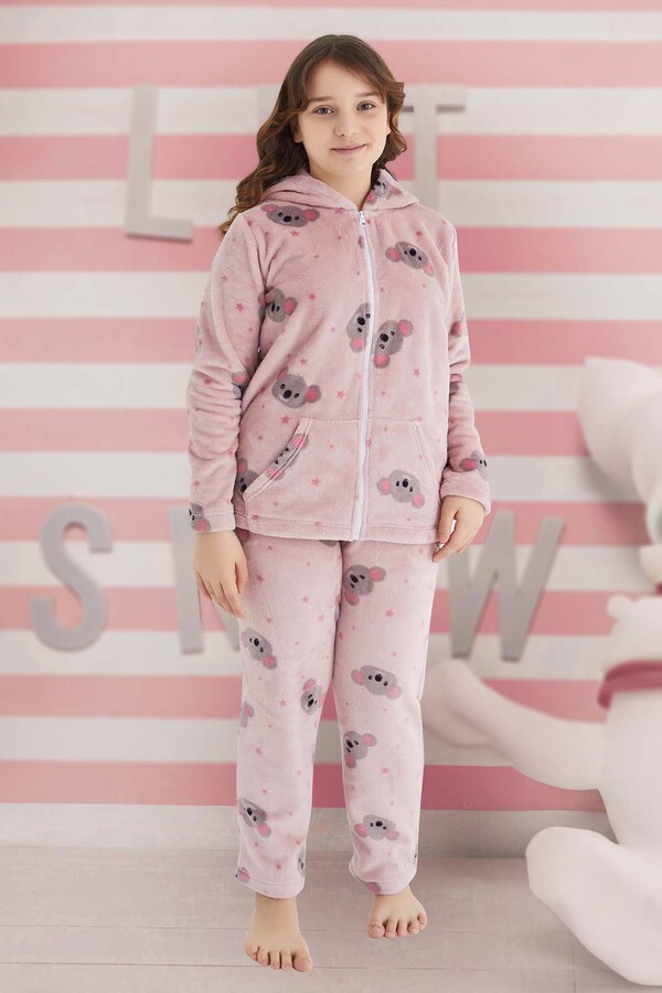 Girls' Patterned Polar Pajama Set in Powder Pink - Thumbnail