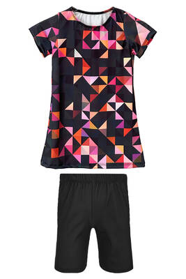 Remsa - Girls Short Sleeve Half Covered Swimsuit with Leggings R5005 Pink Geometric (1) Remsa - Girls Short Sleeve Half Covered Swimsuit with Leggings R5005 Pink Geometric (1)