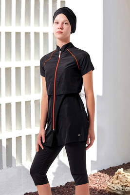 Adasea - Girls' Short Sleeve Semi-Covered Swimsuit 1904 Black Adasea - Girls' Short Sleeve Semi-Covered Swimsuit 1904 Black