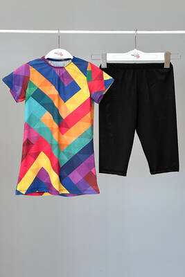 Remsa - Girls' Short Sleeve Stretchy Legging Semi-Covered Swimsuit R5001 Tetris (1) Remsa - Girls' Short Sleeve Stretchy Legging Semi-Covered Swimsuit R5001 Tetris (1)