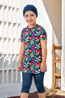 Maresiva - Girl's Short Sleeve Tights Full-Cover Swimwear Set 2905 Navy