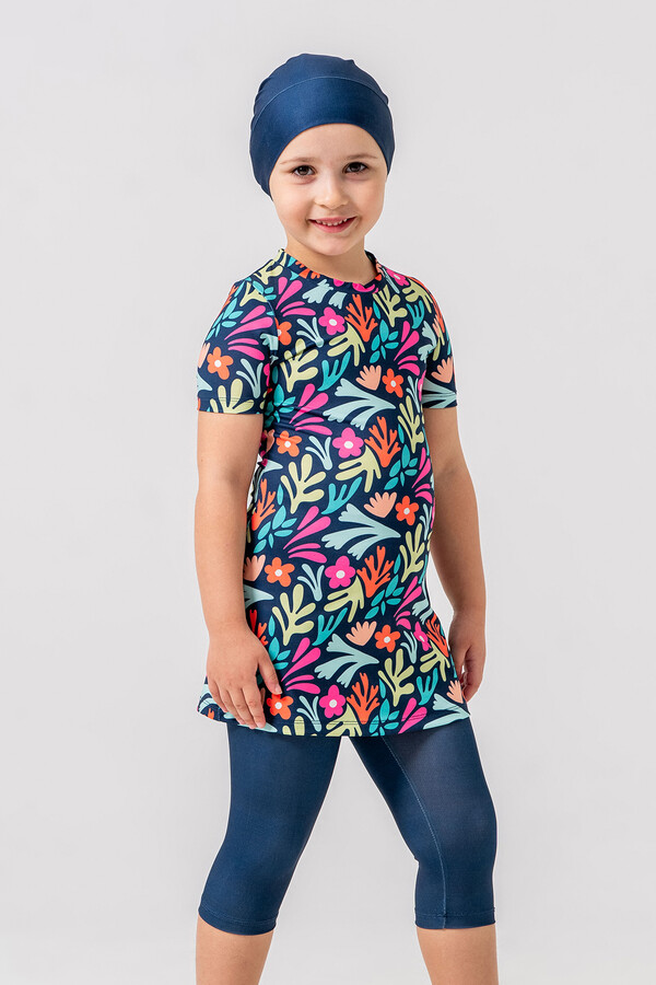 Girl's Short Sleeve Tights Full-Cover Swimwear Set 2905 Navy - Thumbnail