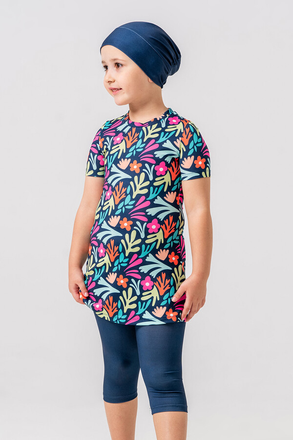 Girl's Short Sleeve Tights Full-Cover Swimwear Set 2905 Navy - Thumbnail