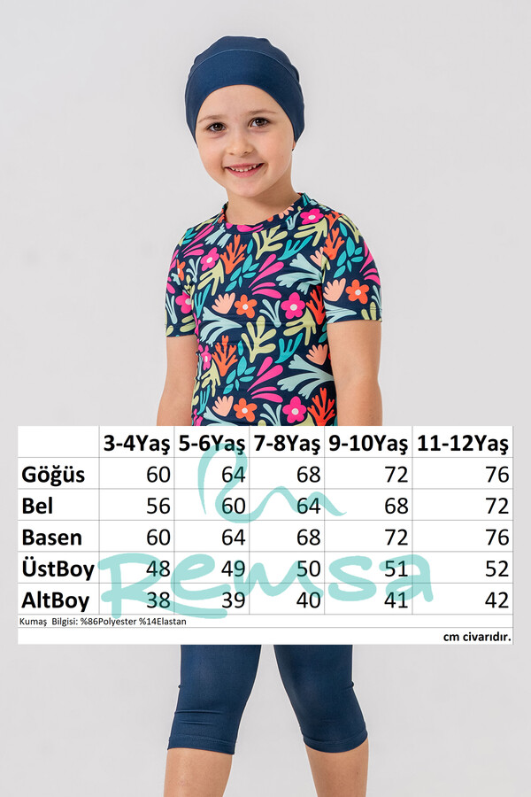 Girl's Short Sleeve Tights Full-Cover Swimwear Set 2905 Navy - Thumbnail