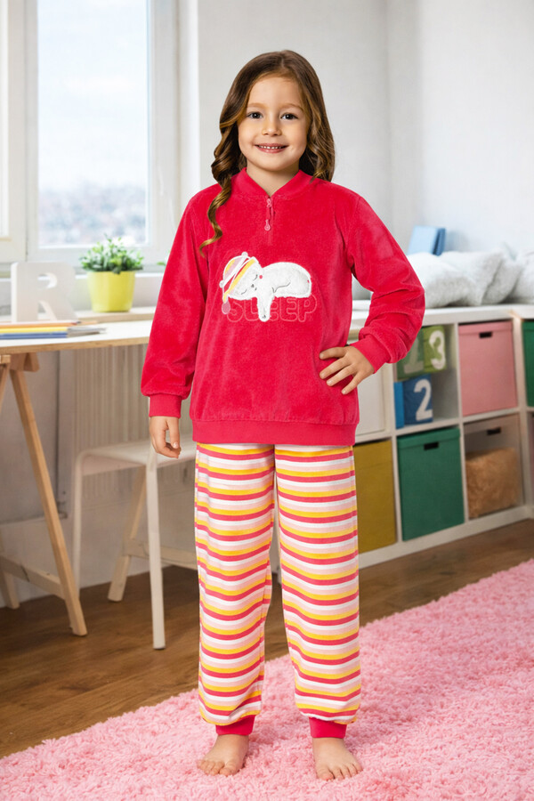 Girls' Velvet Pajama Set in Fuchsia - Thumbnail