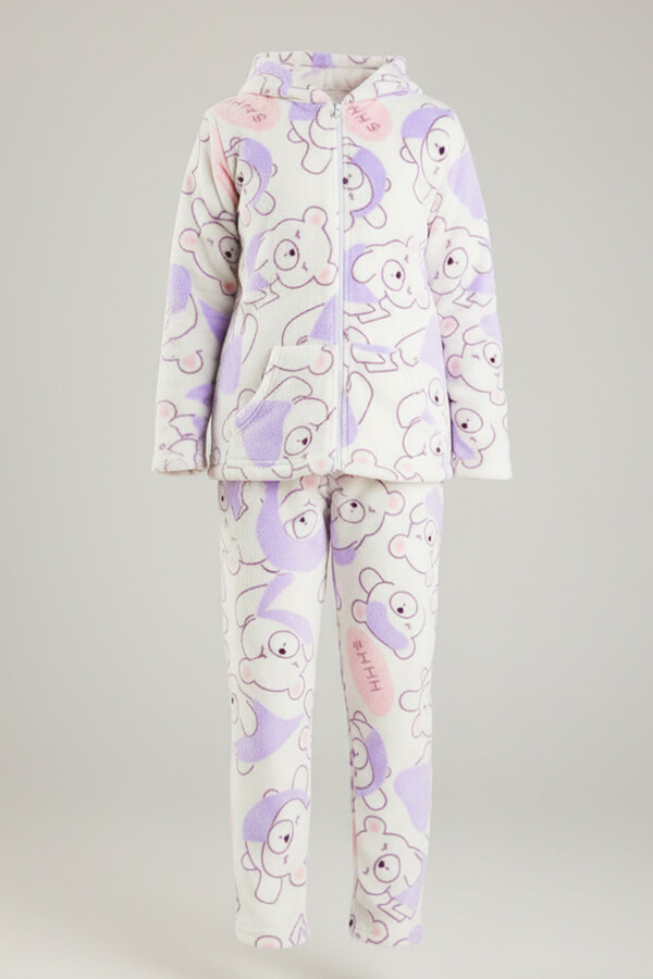 Girls' Velvet Polar Bear Pattern Pajama Set Ekru02 - Thumbnail
