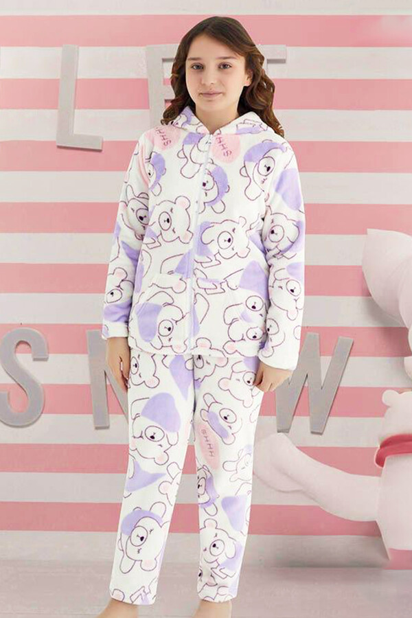 Girls' Velvet Polar Bear Pattern Pajama Set Ekru02 - Thumbnail