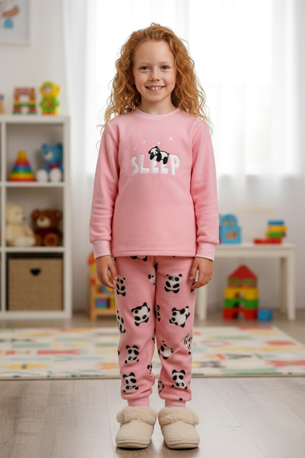 Girls' Velvet Print Pajama Set 1679 Pink02 - Thumbnail