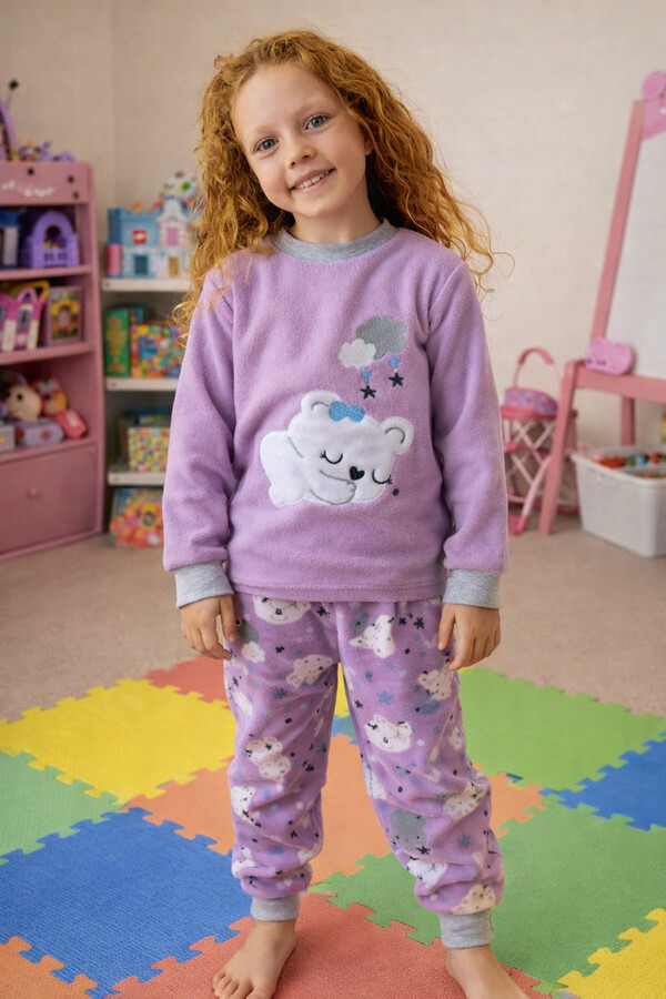 Girls' Velvet Print Pajama Set 1680 Lilac - Thumbnail