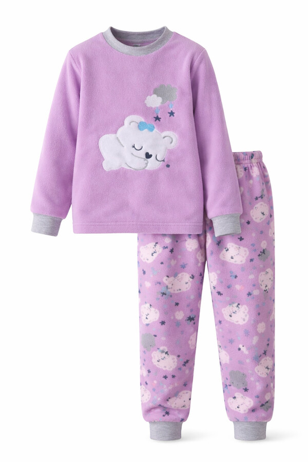 Girls' Velvet Print Pajama Set 1680 Lilac - Thumbnail