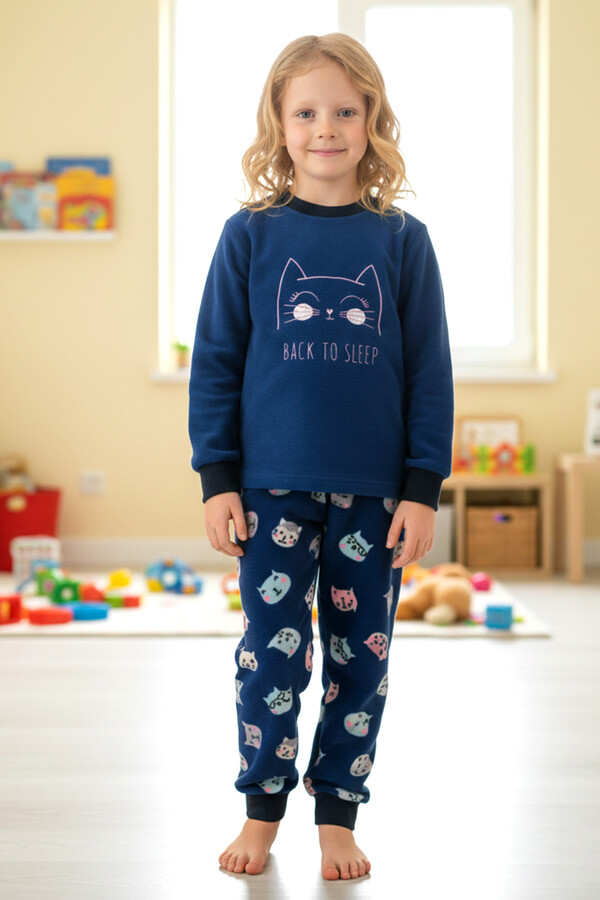 Girls' Velvet Print Pajama Set 1682 Navy - Thumbnail
