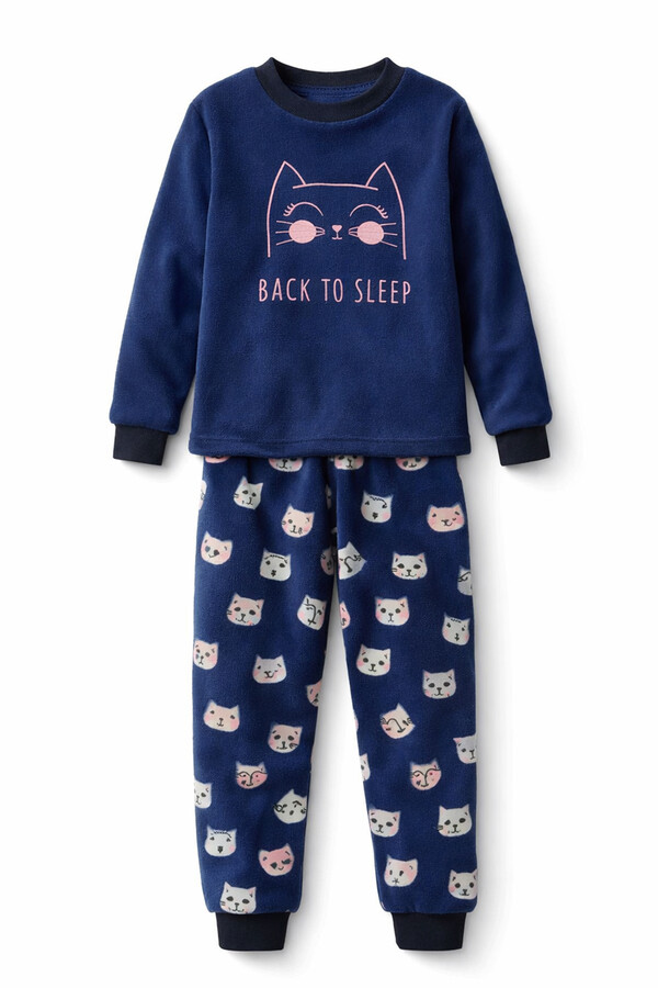 Girls' Velvet Print Pajama Set 1682 Navy - Thumbnail