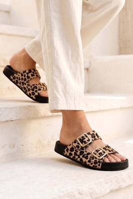 Remsa - Gold Toka Detay Leopar Kadın Terlik 1007-Z007 Camel